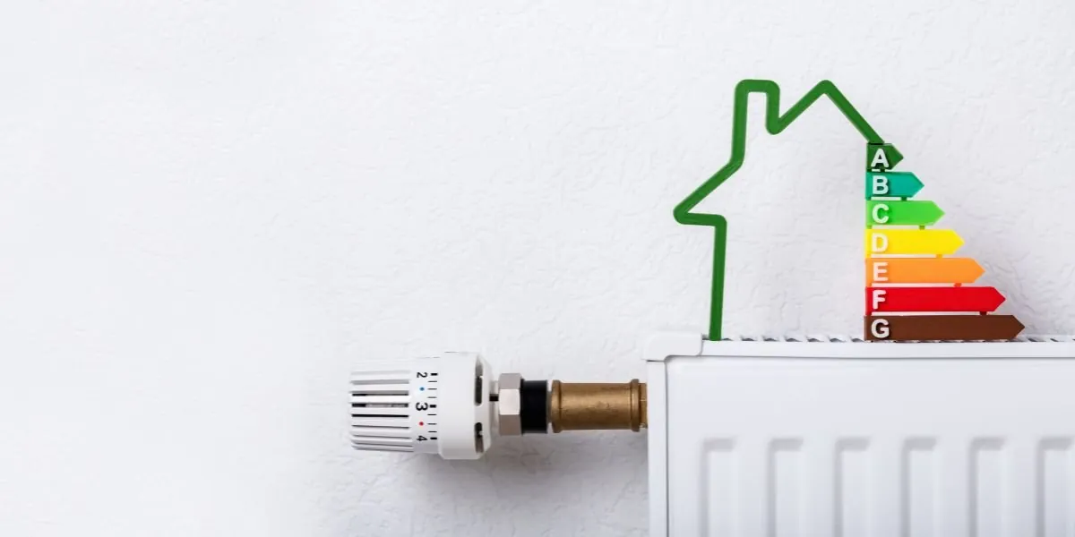 Radiator thermostat below a house outline and energy rating arrows