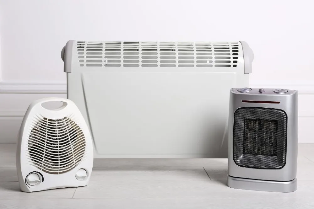 Convector heater, fan heater and ceramic heater grouped together