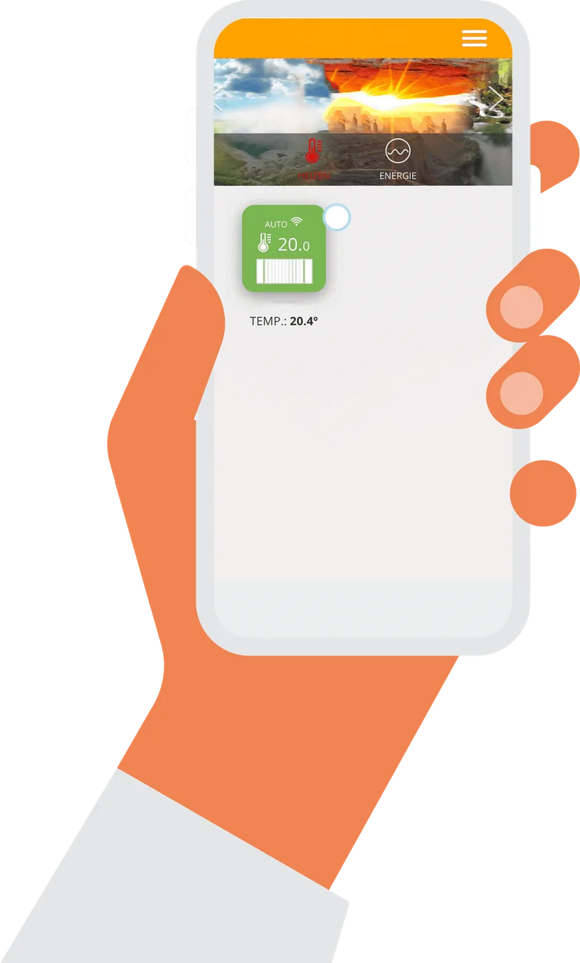 Illustrated hand holding a phone running the heating control app