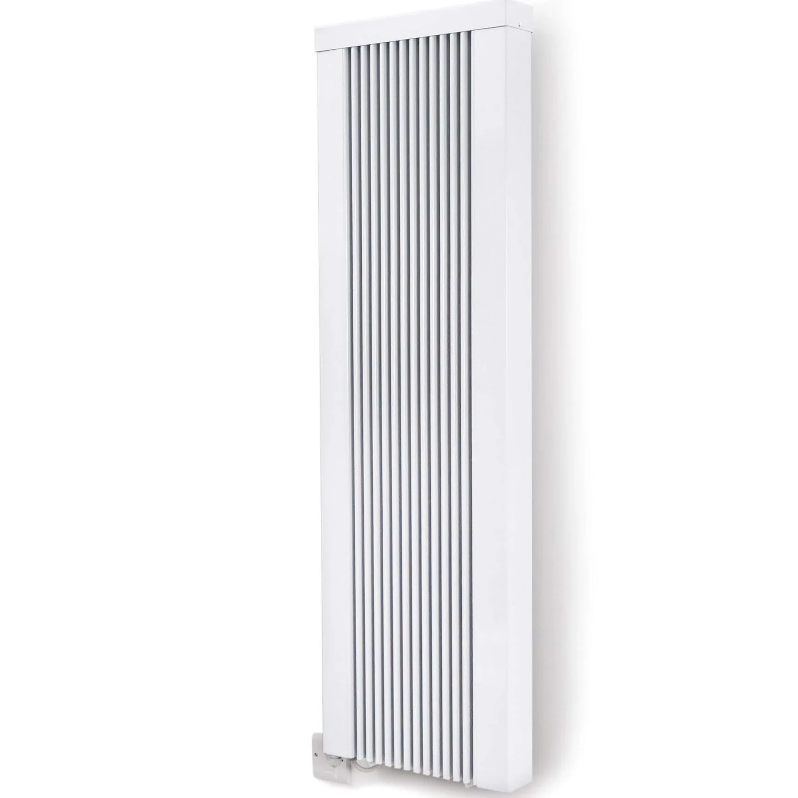 Tall vertical electric radiator installed in a narrow hallway