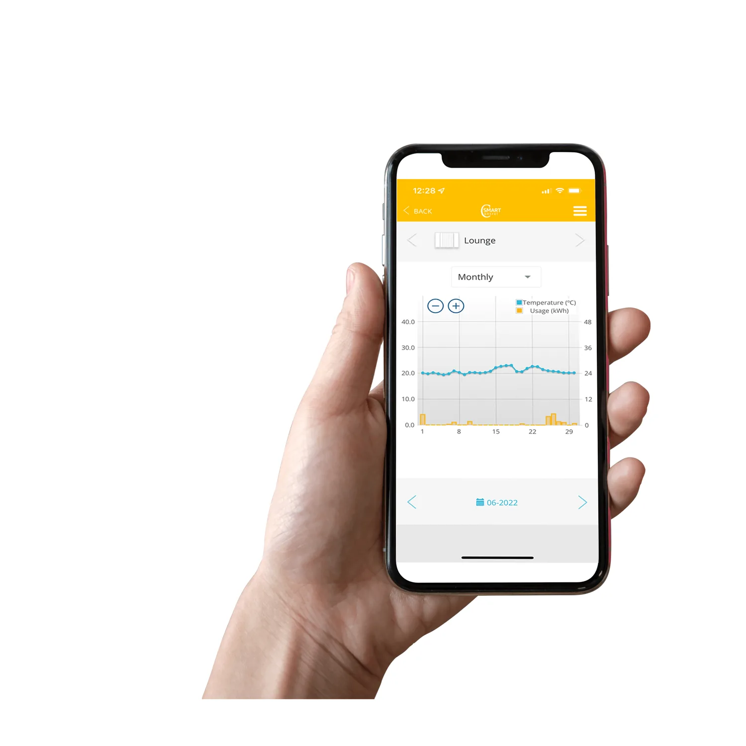 Smartphone showing room temperature and energy usage graphs in a heating control app